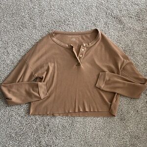 American Eagle Outfitters Tan Ribbed Henley Crop Top